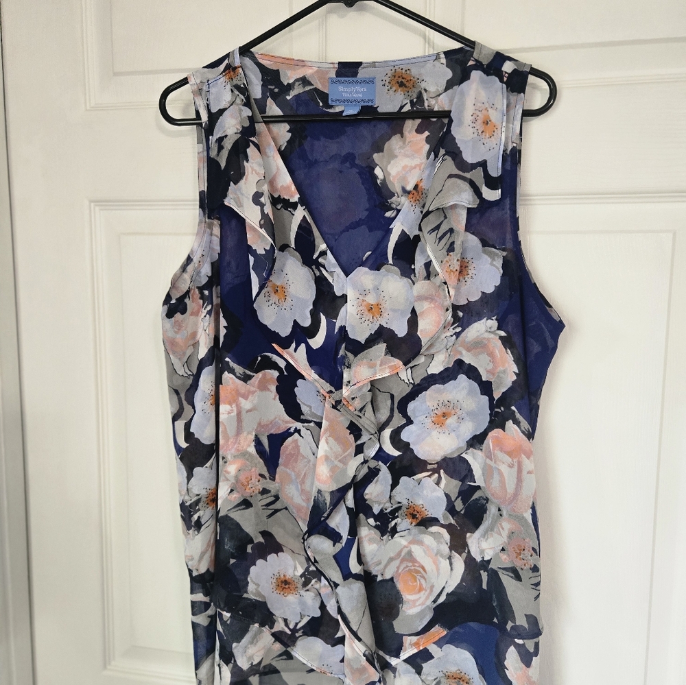 Simply Vera Vera Wang Sheer Floral Blue, Peach & White XL Blouse Sleeveless